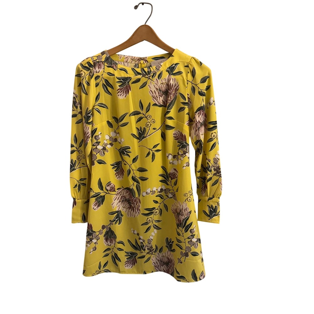 LOFT Petites Yellow Floral Long Sleeve Shift Dress Size 00P Botanical Print